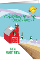 Iowa 2025 Christmas Greetings Red Decorated Barn and Decorated Trees card