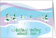 Holiday Greetings Minnesota 2025 Snowy Trees Reflected in Icy Lake card