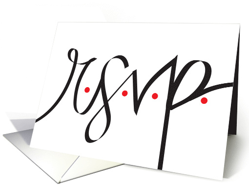 Hand Lettered RSVP Black and White Invitation with Red Dots card