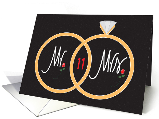 11th Wedding Anniversary, overlapping golden rings and roses card