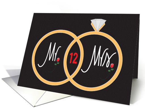 12th Wedding Anniversary, overlapping golden rings and roses card