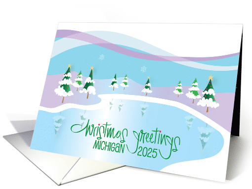 Christmas Greetings Michigan 2025 Snowy Trees Reflected in Lake card