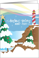 Christmas Greetings from Maine 2024 Candy Cane Lighthouse and Trees card