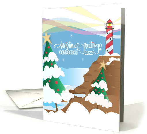 Christmas Greetings from Connecticut 2025 Candy Cane Lighthouse card