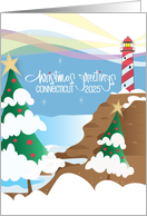 Christmas Greetings from Connecticut 2025 Candy Cane Lighthouse card