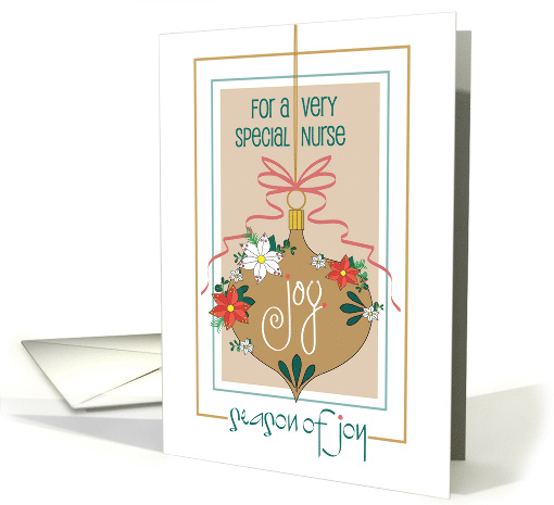 Hand Lettered Christmas Joy for Nurse with Golden Floral Ornament card