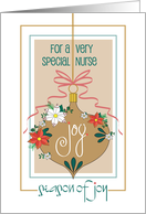 Hand Lettered Christmas Joy for Nurse with Golden Floral Ornament card