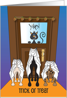 Halloween Trick or Treating Dogs at Door of Black Kitty in Costumes card