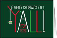 Merry Christmas Y’All From Texas, Tall Colorful Letters & Ornament card