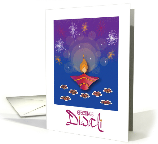 Diwali Diya Clay Lamp, Magnolia Blossoms & Fireworks on Water card