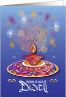 Hand Lettered Diwali, Clay Diya, Blossomed Floral Cloth & Fireworks card