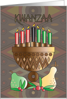 Hand Lettered Kwanzaa with Kinara Mishumaa Saba Candles and Fruit card