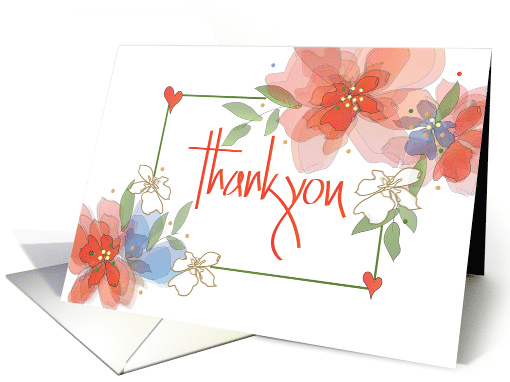 Hand Lettered Floral Thank you Watercolor Orange and Blue Flowers card