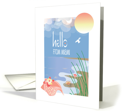 Hello from Miami with Conch Seashell on Sandy Beach in Sunlight card