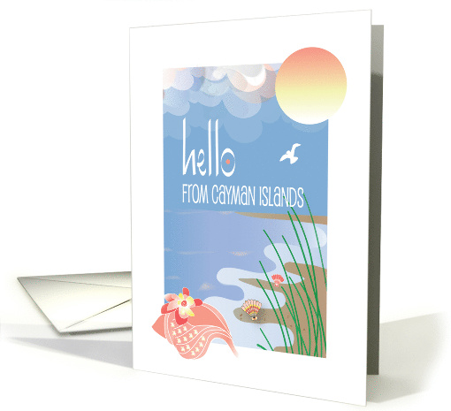 Hello from Cayman Islands with Conch Seashell on Beach Under Sun card