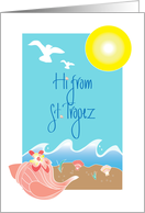 Hi from St. Tropez, with Conch Seashell, Rolling Waves and Sun card