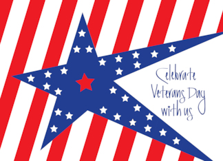 Veterans Day Party Invitation with Patriotic Blue Stars and Stripes