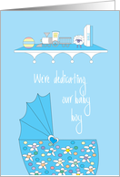 Hand Lettered Invitation for Baby Boy Dedication, Basinette & Toys card