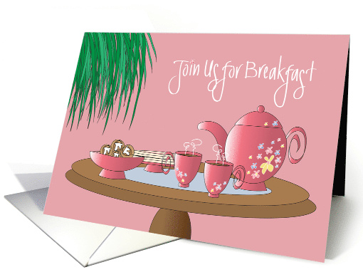 Invitation for Breakfast with Breakfast Tea and Basket of Rolls card