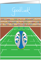 Good Luck in Rugby Match, Rugby Ball and Goal Post card