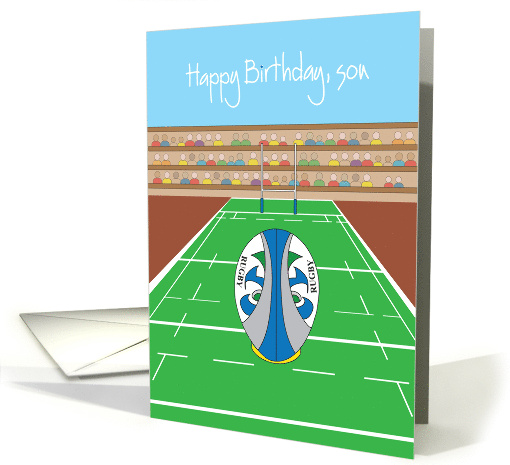 Birthday for Son Rugby Player with Rugby Ball and Goal Post card
