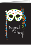 Invitation to Masquerade Party, Ribboned Mask on a Stick card