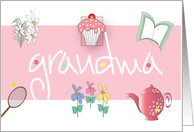 Happy Grandparents Day for Grandma, Teapot, Book and Flowers card