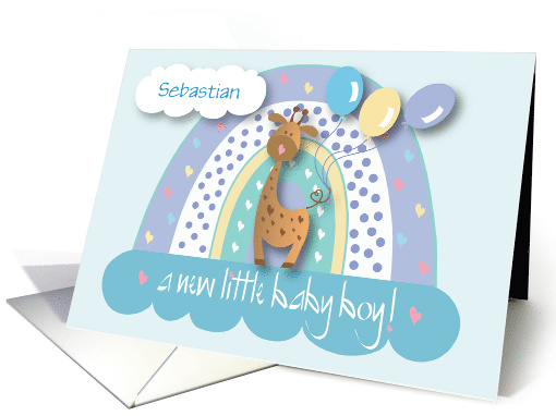 Announcement of New Baby Son Giraffe and Rainbow with Custom Name card