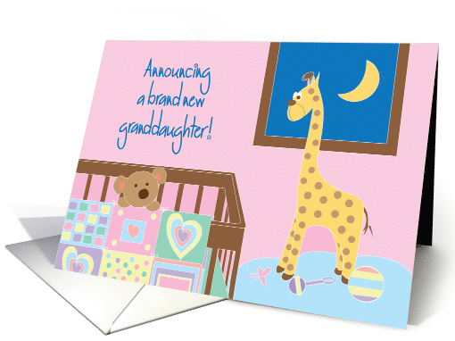 Announcement of New Baby Granddaughter, with Crib, Toys and Quilt card