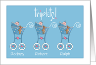 Announcement of Baby Boy Triplets Three Blue Strollers Custom Names card
