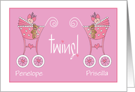 Announcement of Twin Baby Daughters Pink Strollers and Custom Names card