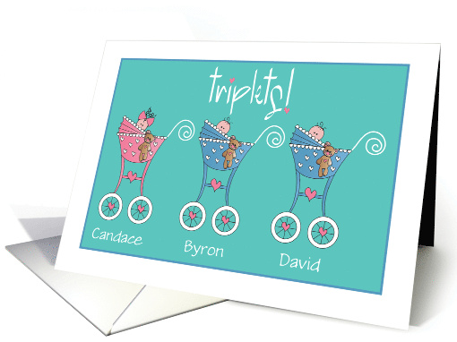 Announcement of Baby Triplets Two Boys One Girl with Custom Names card
