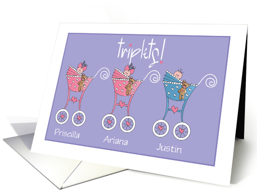 Announcement of Baby Triplets Two Girls One Boy with Custom Names card