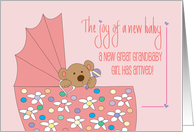 Announcement of New Great Granddaughter Bear in Bassinette and Rattle card