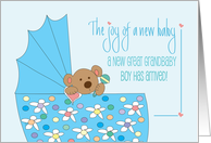 Announcement of New Great Grandson with Bear in Bassinette with Rattle card
