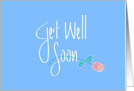 Hand Lettered Get Well Soon with Long Stem Rose on Blue card