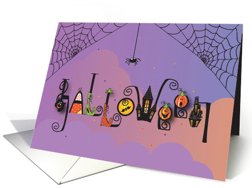 Hand Lettered Halloween Word with Spooky Fun and Spider Webs card