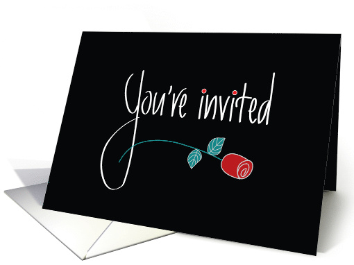 Hand Lettered Black Tie Event Invitation with Long Stem Red Rose card