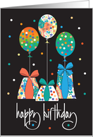 Hand Lettered Birthday with Gifts and Balloons with Floral Patterns card