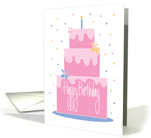 Hand Lettered Happy Birthday with Frosted Pink Layered Cake card