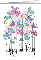 Hand Lettered Happy Birthday with Floral Bouquet of Pink and Blue card