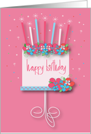 Hand Lettered Joyful Floral Birthday Cake with Pink & Blue Flowers card