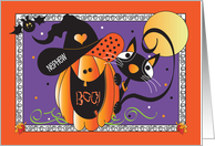 Halloween for Nephew with Black Cat and Jack O Lantern in Witch Hat card