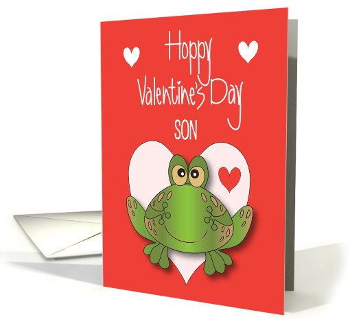 Hand Lettered Hoppy Valentine's Day for Son Green Frog and Hearts card