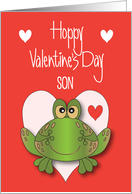 Hand Lettered Hoppy Valentine’s Day for Son Green Frog and Hearts card