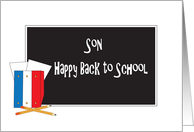 Happy Back to School for Son, Blackboard and School Supplies card