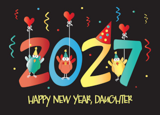 New Year's 2027 for Daughter with Birds Celebrating in Party Hats