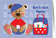 Happy Back to School for Nephew Bear with Backpack and Baseball Cap card