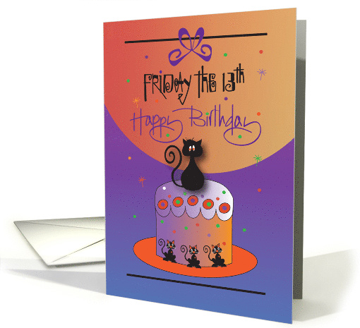 Birthday on Friday the 13th, Black Cat on Purple and Orange Cake card