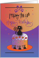 Birthday on Friday the 13th, Black Cat on Purple and Orange Cake card